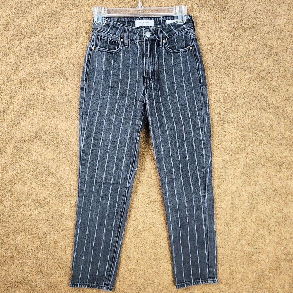 PacSun Junior Woman Mom Jeans Washed Black/Gray Stripe Size 23 High Rise Pockets